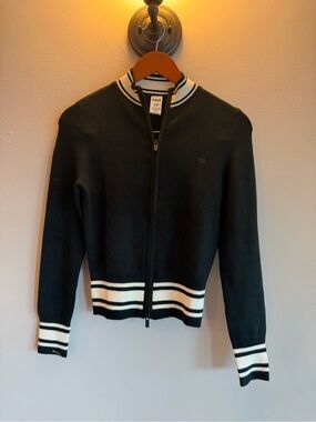 PINK Victoria's Secret Black White Striped Varsity Full‎ Zip Cardigan Sweater S